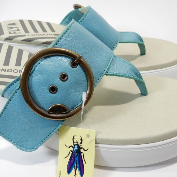 FLY LONDON Dafi SANDALS EU 41 10 10.5 Platform Wedge Thong Turquoise Leather NEW - Picture 9 of 15
